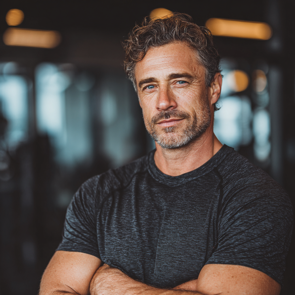 Confident middle-aged man in his 40s wearing athletic gear, standing in modern gym with determination and focus, showcasing healthy lifestyle and fitness commitment