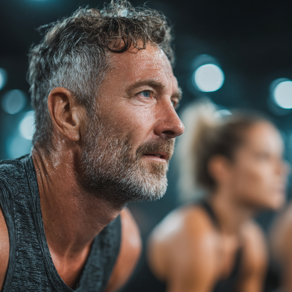 Motivated athletes in their 40s and 50s training together in modern fitness facility, demonstrating commitment and community spirit in achieving health goals